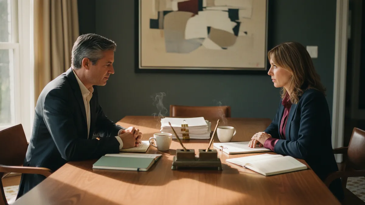 Adviser and client in consultation at a walnut table — choosing an investment migration firm 2026