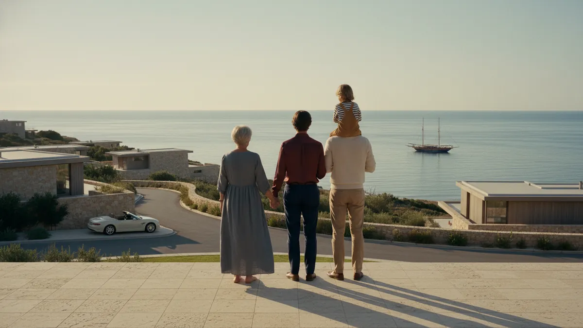 Anonymous multi-generational family on a coastal terrace — generational wealth and global mobility 2026
