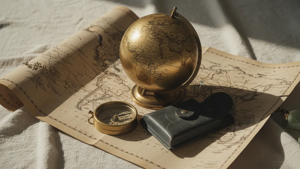 Brass globe, compass and world map — global mobility for high-net-worth families 2026