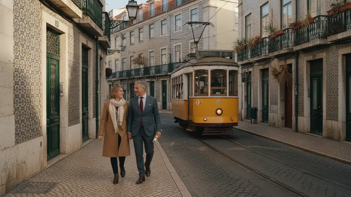 Lisbon street with azulejo facades and a yellow tram — Portugal Golden Visa residence by investment 2026