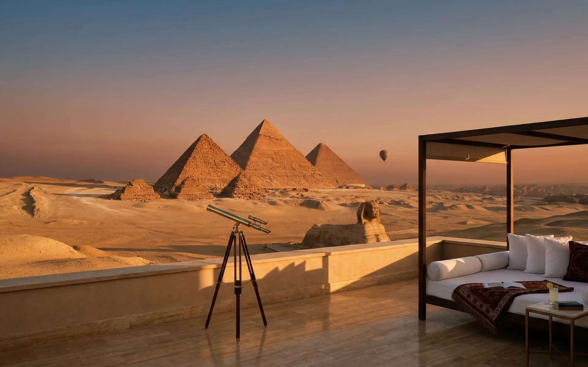 Pyramids of Giza at sunset with the Cairo skyline