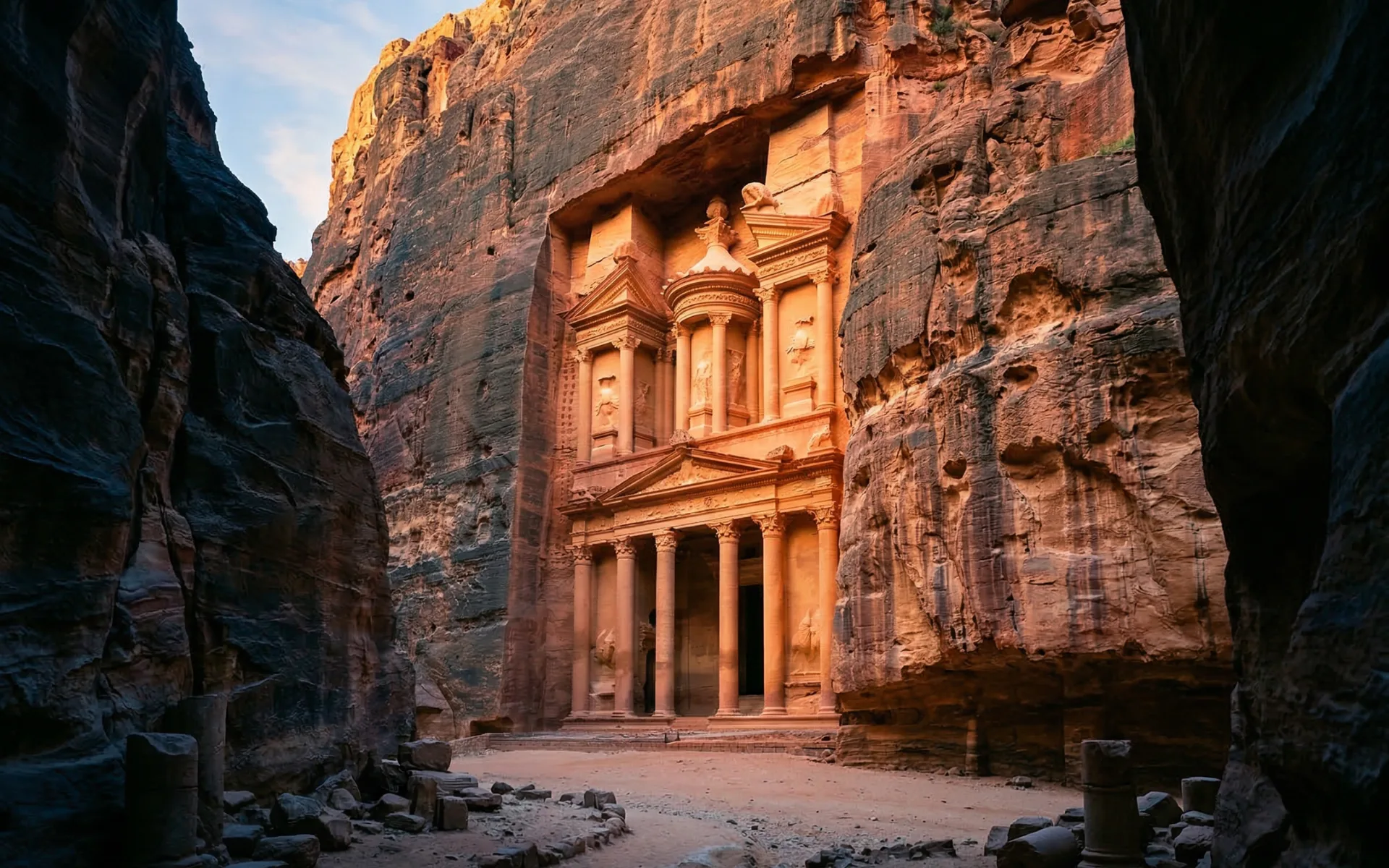 Ancient city of Petra carved into rose-red cliffs in Jordan