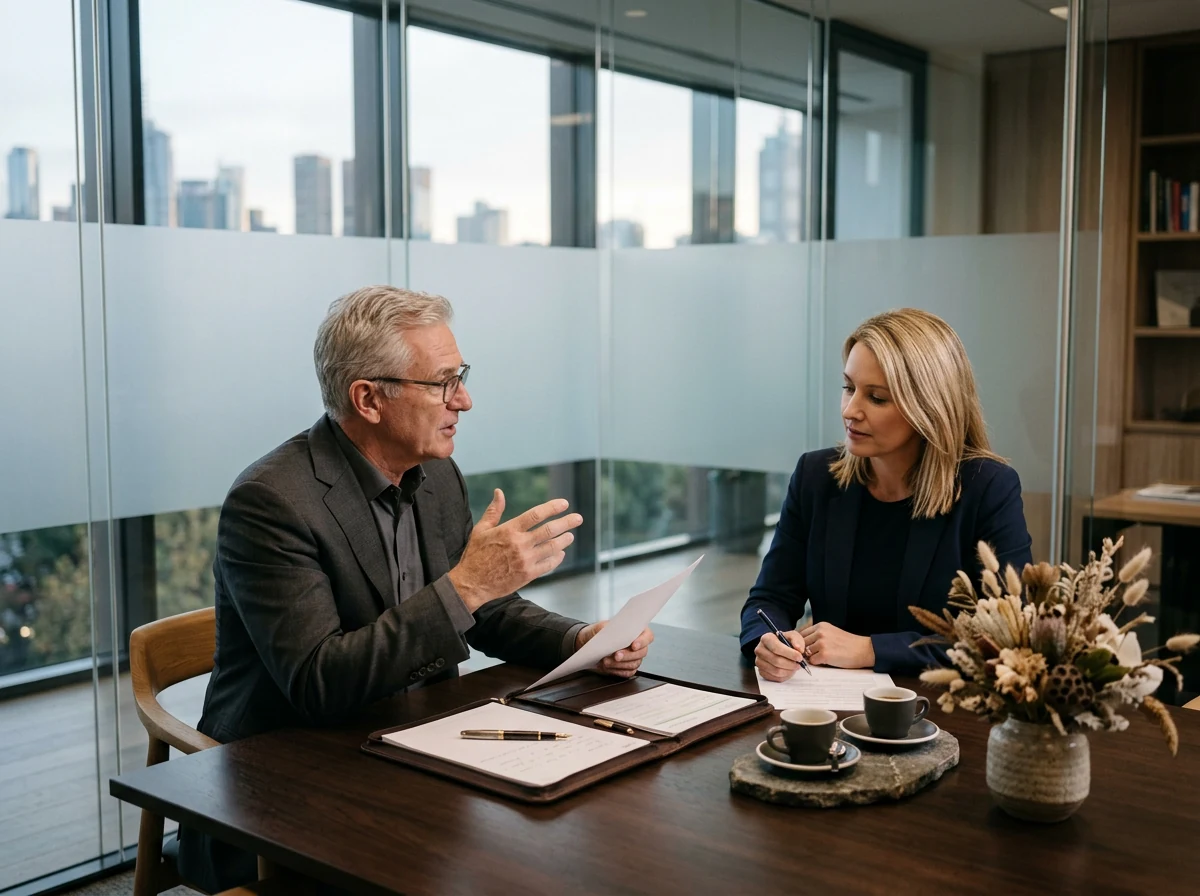 A senior adviser meeting with a client at TopNation Global