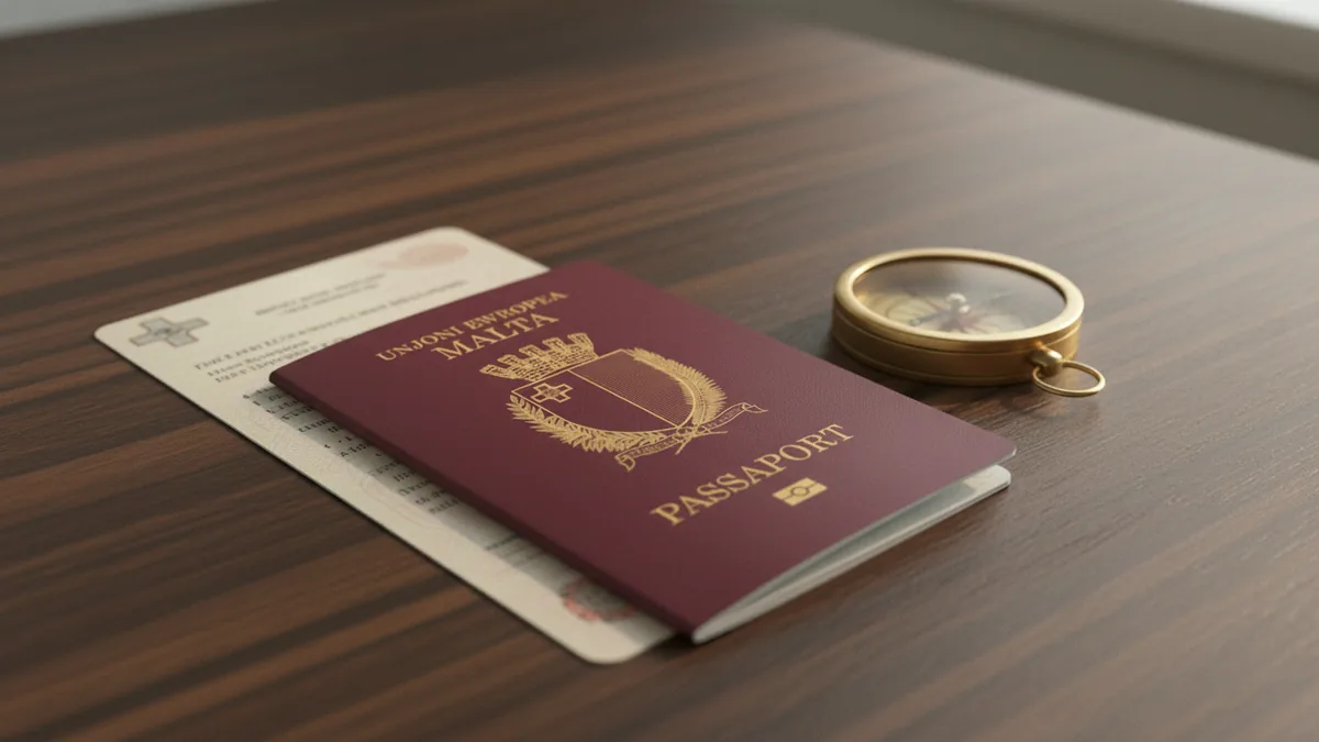 Malta citizenship by investment passport on a desk with a compass — second passport route in 2026
