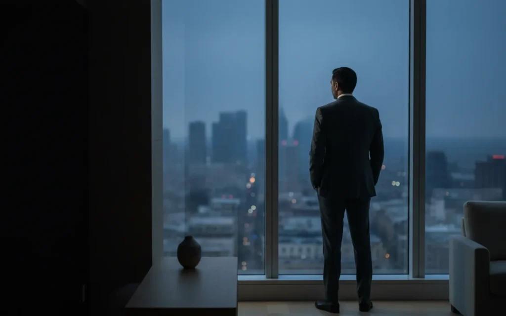 Indian investor overlooking a US city skyline at dusk -- EB-5 US green card by investment