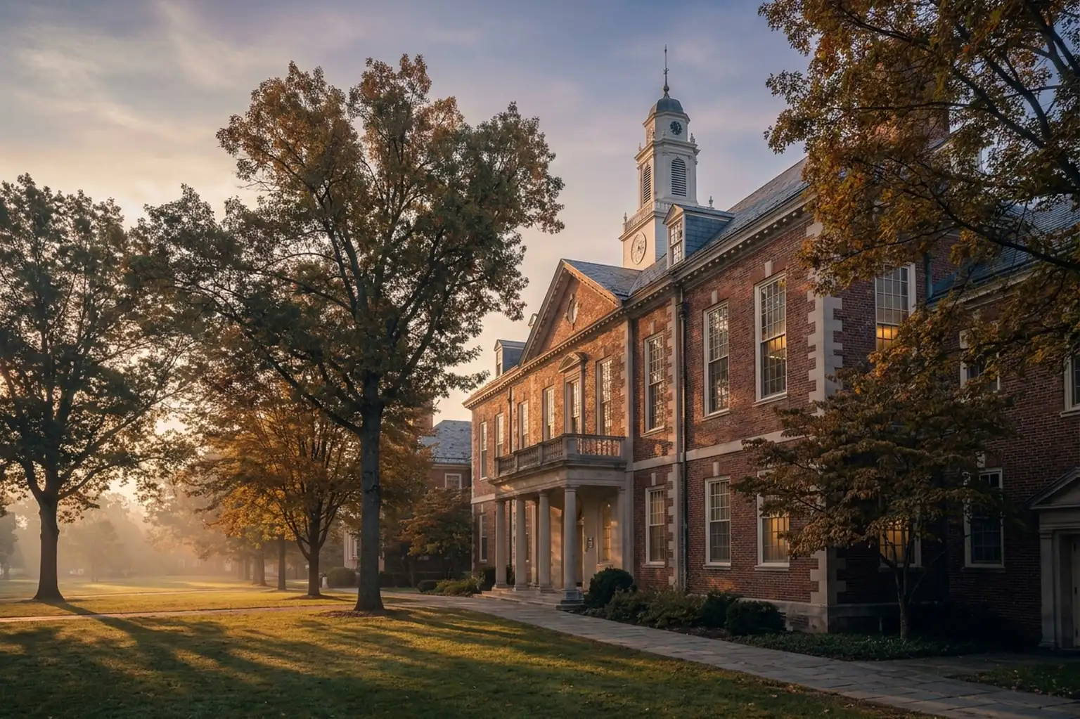 Aspirational American collegiate campus at golden hour — EB-5 pathway to U.S. permanent residence