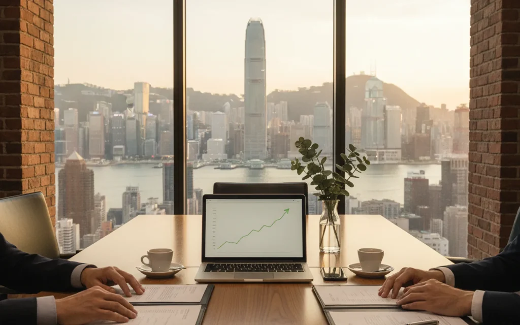 Investment-migration advisory meeting overlooking the Hong Kong Victoria Harbour skyline
