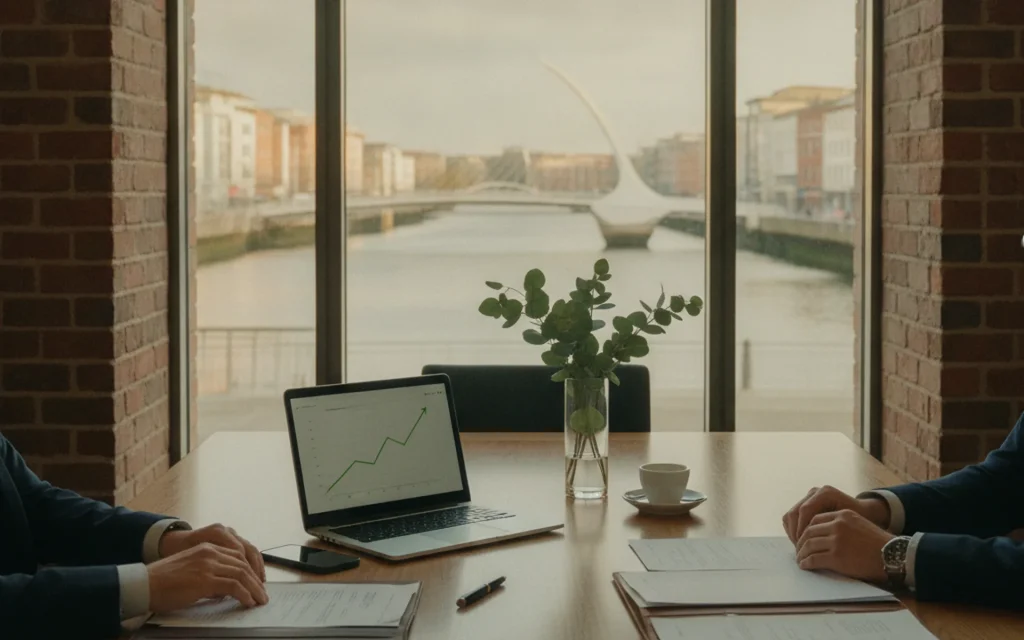 Investment-migration advisory meeting overlooking the Dublin Liffey waterfront and Samuel Beckett Bridge