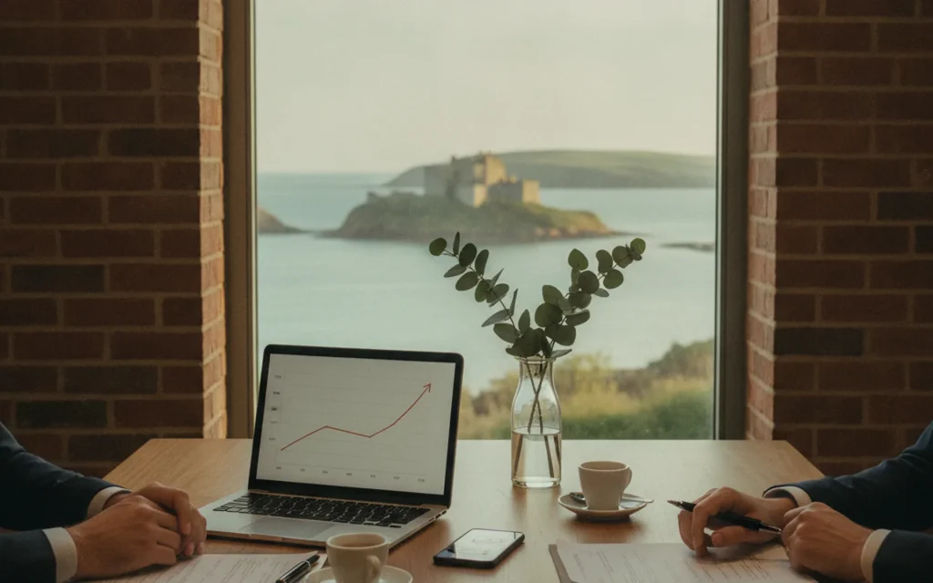 Investment-migration advisory meeting overlooking St Helier harbour and Elizabeth Castle in Jersey