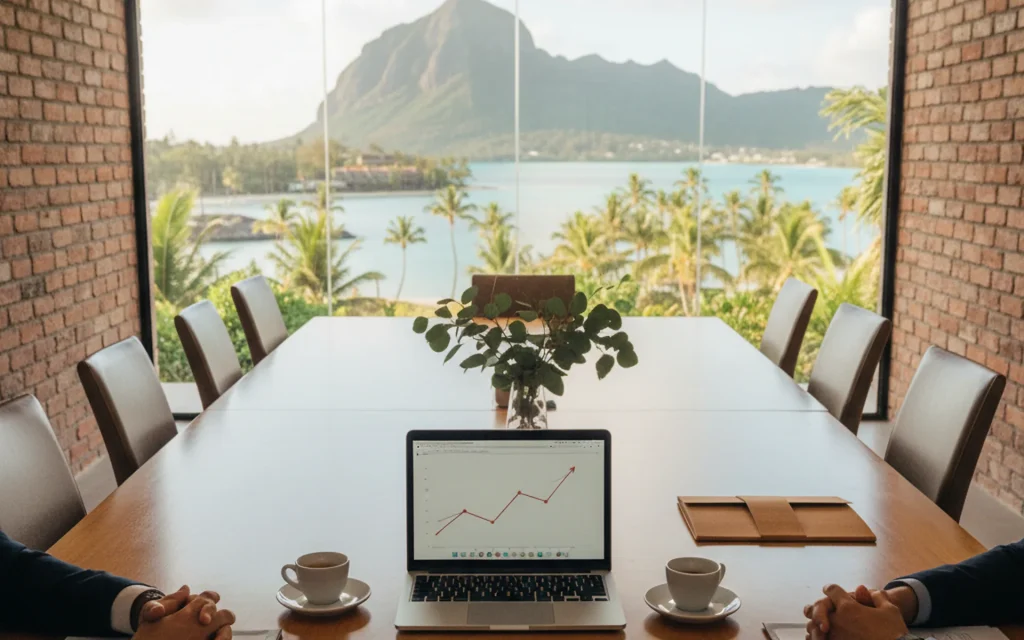 Investment-migration advisory meeting overlooking the turquoise Mauritius lagoon and Le Morne mountain