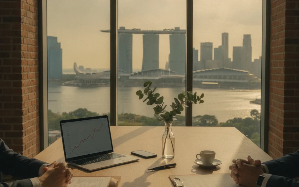 Investment-migration advisory meeting overlooking the Marina Bay Sands and Singapore skyline