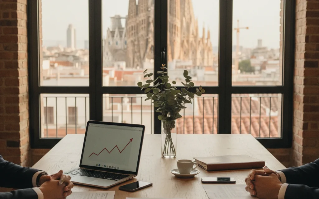 Investment-migration advisory meeting overlooking Barcelonas Sagrada Familia and city skyline