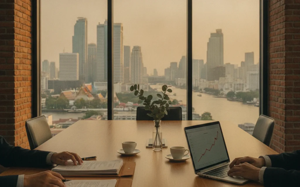 Investment-migration advisory meeting overlooking the Bangkok skyline along the Chao Phraya river