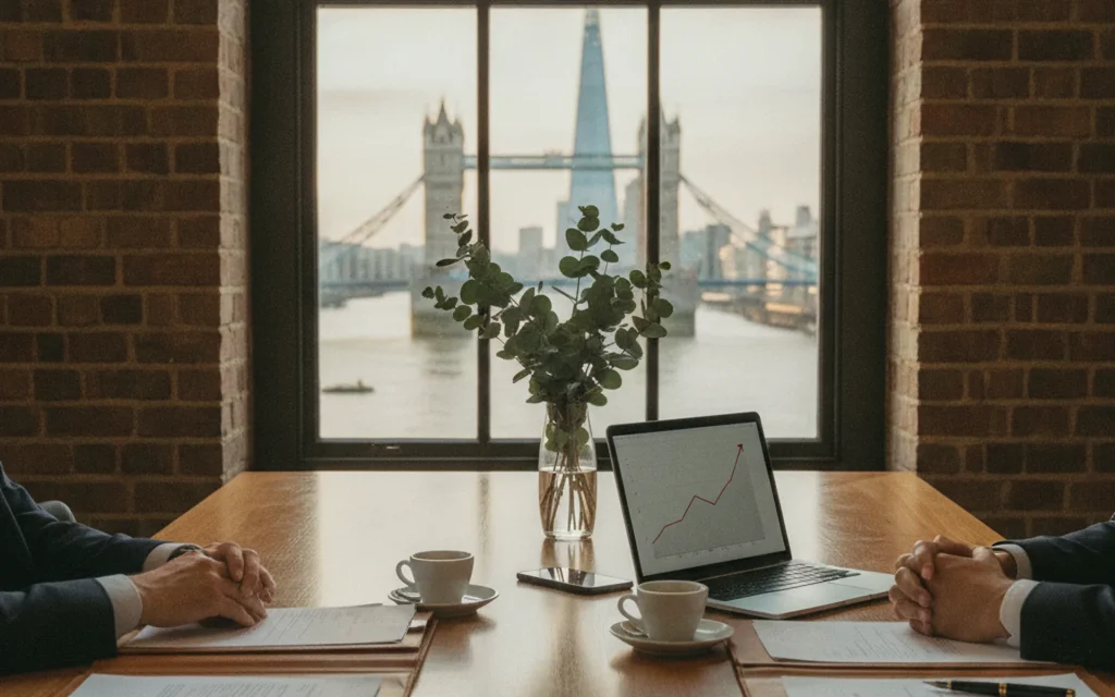 Investment-migration advisory meeting overlooking the Thames, Tower Bridge and The Shard